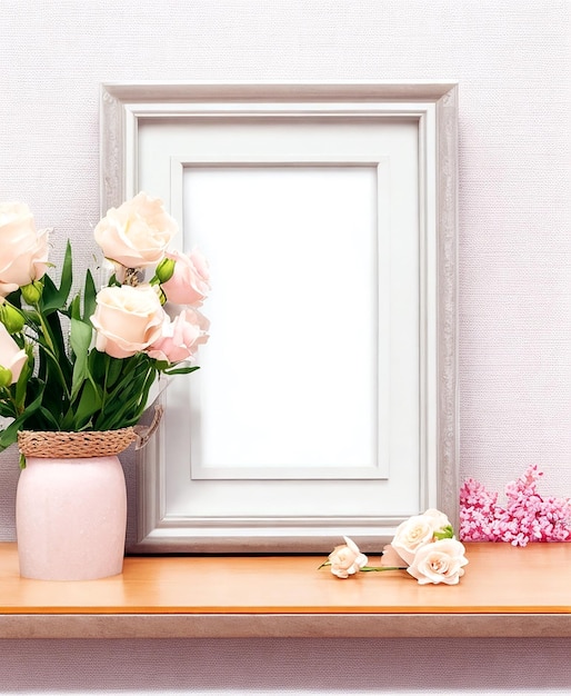 Modelo de marco de fotos vacío y jarrón de flores para el interior del hogar