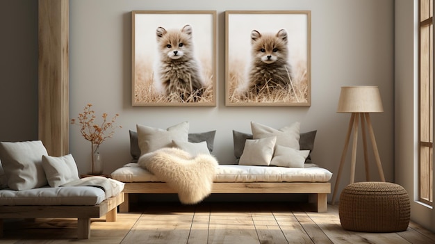 Modelo de marco en la habitación de los niños con muebles de madera natural