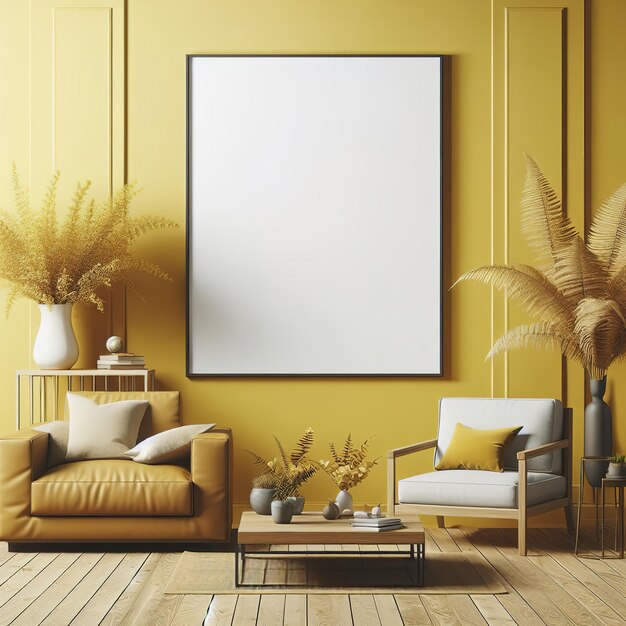 Modelo de marco de imagen en blanco en el interior de la habitación de color amarillo renderización 3D