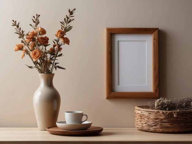 modelo de marco de imagen de madera colgado en fondo de pared beige jarrón en forma de boho flores secas en la mesa