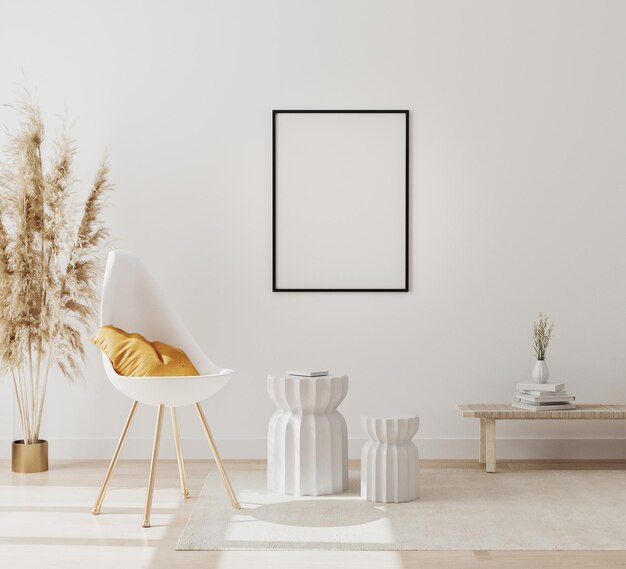modelo de marco de imagen vertical en blanco en un fondo interior moderno con silla de pared blanca vacía y hierba de pampas sala de estar de lujo fondo interior de estilo escandinavo renderización 3d