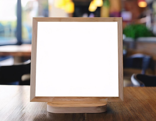 Modelo de marco de menú de pie en una mesa de madera en un restaurante o cafetería