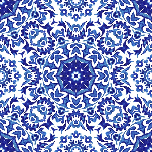 Foto modelo de marco ornamental sin costuras de azulejos de medallón azul y blanco abstractos