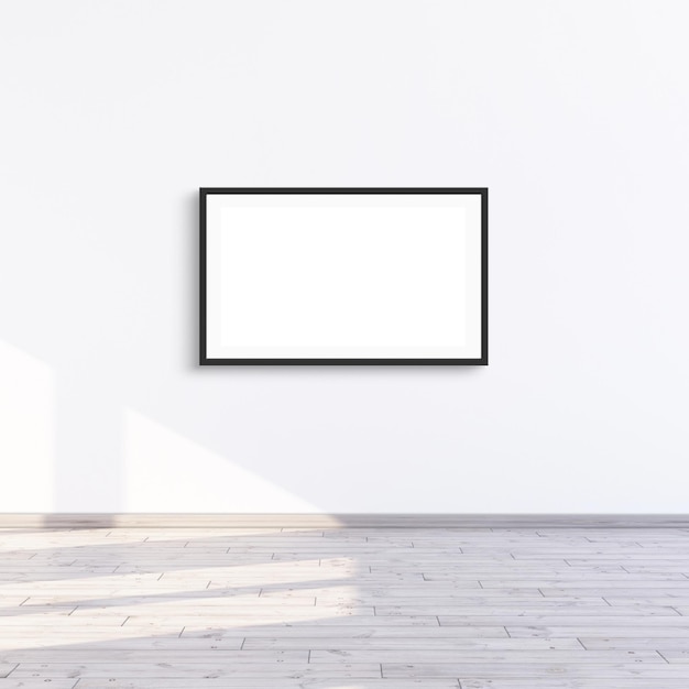 Foto modelo de marco de paisaje colgado en una pared blanca con luz solar 3d marco moderno para impresiones horizontales