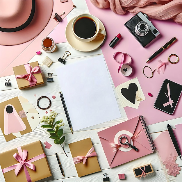 Modelo de marco plano para el día de la mujer con regalos, cosméticos y flores Ilustración de fondo