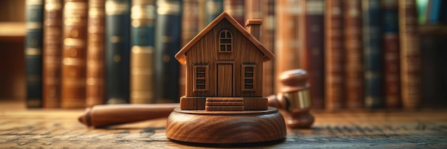 Foto modelo de martillo de madera y casa en la biblioteca de derecho concepto de bienes raíces legales