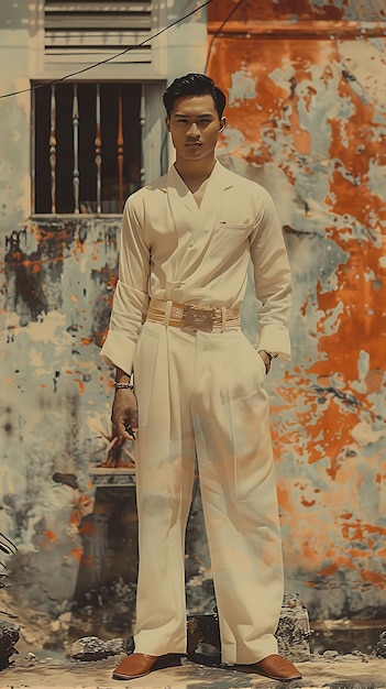 Foto modelo masculino alto con baju melayu inspirado en el retro de malasia i colección de fotos de ropa vintage de moda