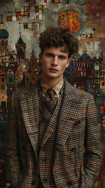 Foto modelo masculino alto con blazer houndstooth moda austriaca mo ropa vintage de moda colección de fotos