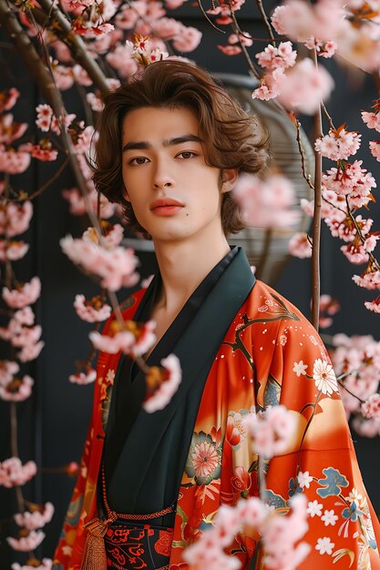 Modelo masculino alto com roupas tradicionais de kimono, roupas vintage de moda japonesas, coleção de fotos