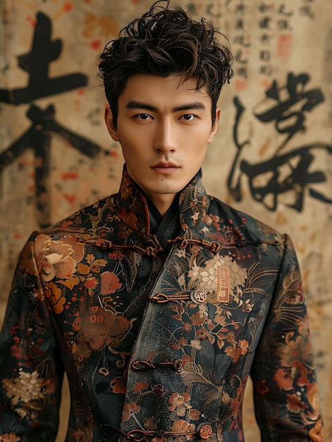 Foto modelo masculino alto con trajes qipao a medida ropa vintage de moda de inspiración china colección de fotos w