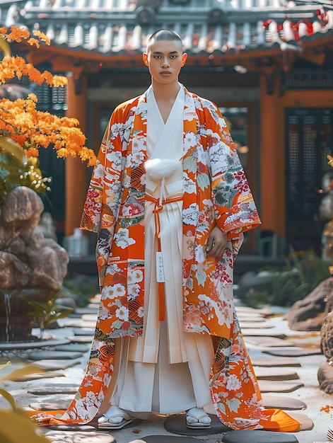 Foto modelo masculino alto con vestidos tradicionales de kimono japonés inspiración moda ropa vintage colección de fotos