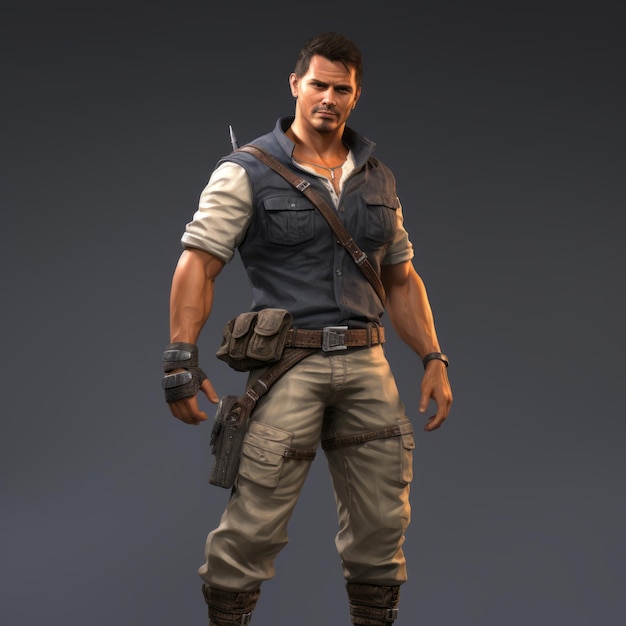 Modelo masculino aventureiro com sorriso fácil e estilo Tomb Raider