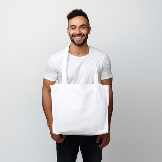 Modelo masculino con una bolsa blanca aislada