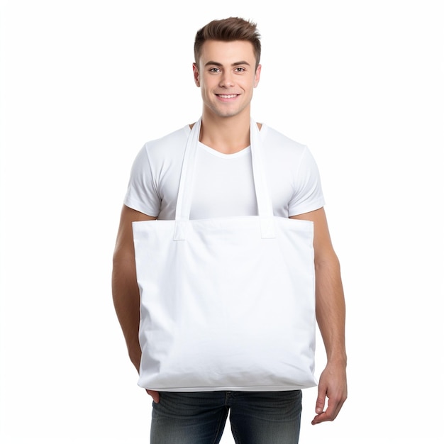 Modelo masculino con una bolsa blanca aislada