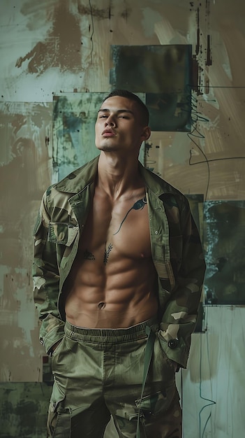 Modelo masculino com curvas com alta moda Ensemble de inspiração militar Alta moda Forward Boutique Style