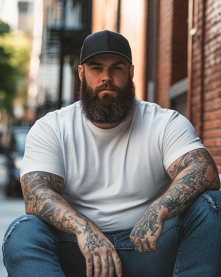 Foto modelo masculino confiante exibe uma camiseta branca em um ambiente urbano