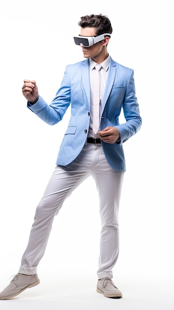 modelo masculino de moda de corpo inteiro usando dispositivo de visão de realidade virtual em camisa branca blazer azul