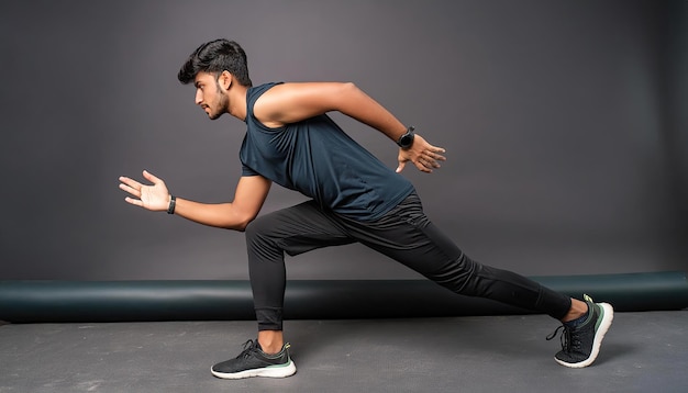 Foto modelo masculino deportivo hace una postura de cardio contra un telón de fondo oscuro