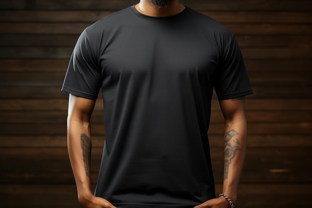 Modelo masculino elegante con camiseta Bella 3001 negra lisa generada por IA