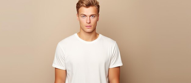 Modelo masculino elegante em poses de camiseta branca em fundo bege olha para a sala de estilo moderno da câmera para texto