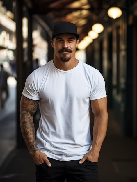 Modelo masculino em uma camiseta clássica de algodão branco em uma rua da cidade Generative ai