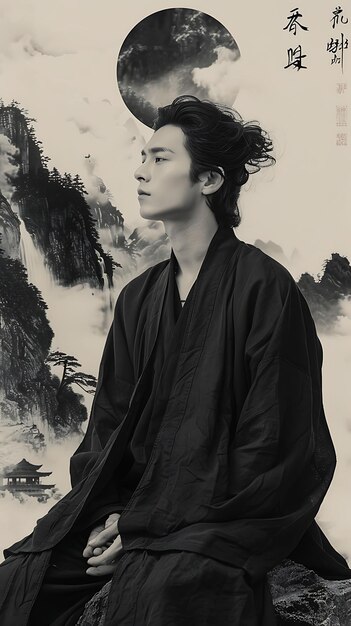 Foto modelo masculino esbelto com vestuário hanfu inspirado em vintage chinês roupas vintage de moda photo collectione