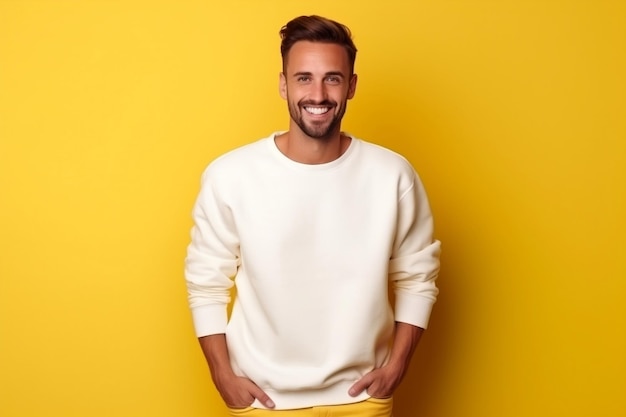 Modelo masculino europeu em moletom branco em branco Moda Retrato generativo Ai