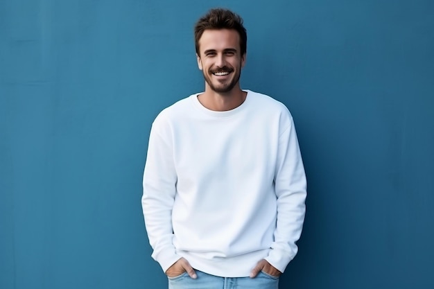 Modelo masculino europeu em moletom branco em branco Moda Retrato generativo Ai