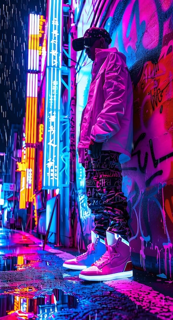 Modelo masculino futurista com sapatilhas Cyberpunk Led Fashion Ar High Fashion Colecção de poses de moda