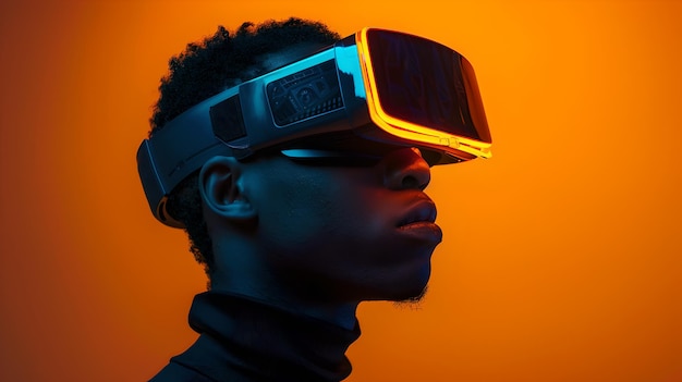 Foto modelo masculino futurista em fone de ouvido vr contra fundo laranja conceito de tecnologia de realidade virtual ai legal e moderno