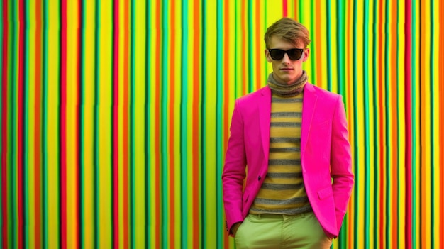Foto modelo masculino jovem posando com roupa de moda de homem da moda e colorido vibrante brilhante arte óptica verde e rosa fundo abstrato pitoresco generativo ai
