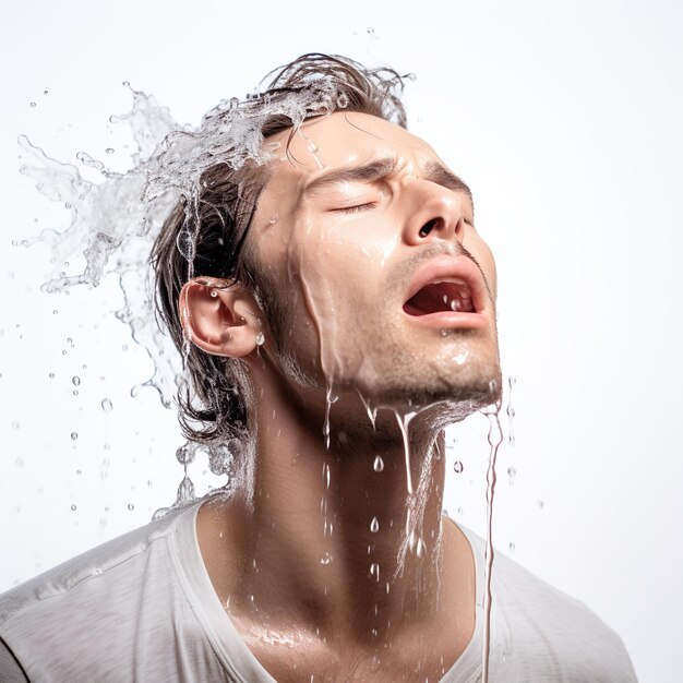 Foto modelo masculino lavándose con un chorrito de agua.