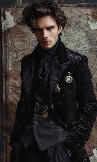 Modelo masculino misterioso en un traje negro a medida con un estilo boutique de alta moda de terciopelo