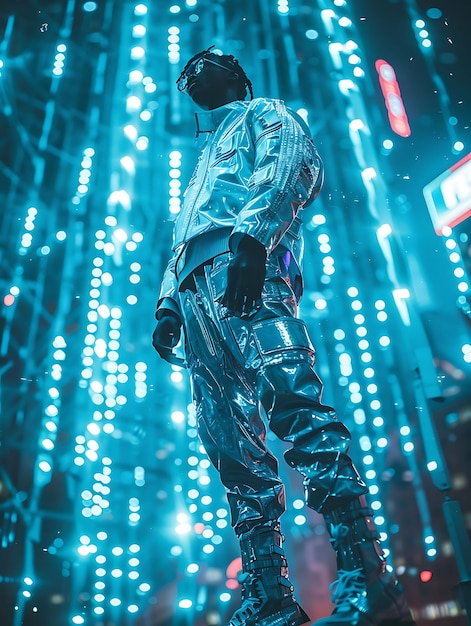 Modelo masculino moderno em um terno metálico futurista com robótica alta moda estilo boutique avançado