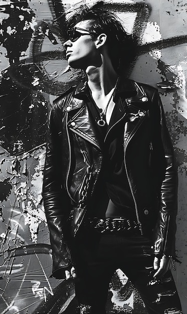Foto modelo masculino musculoso con chaqueta de cuero de motociclista con rebelliou alta moda estilo boutique hacia adelante