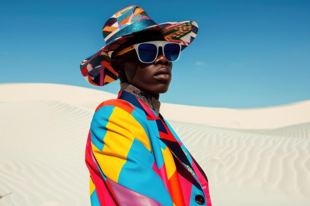 Un modelo masculino negro con ropa geométrica colorida con un sombrero moderno en las dunas de arena bajo un cielo despejado