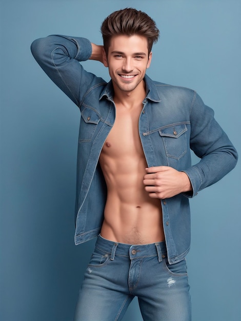 Modelo masculino posando para uma foto em um fundo azul de estúdio