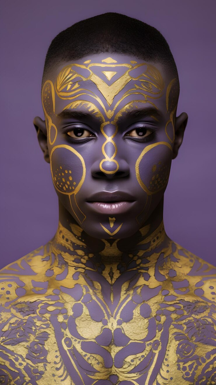 Foto modelo masculino preto simétrico estranho estranho com lavanda e fundo dourado