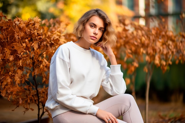 Un modelo masculino con una sudadera blanca sencilla se sienta en hojas secas contra un fondo de jardín