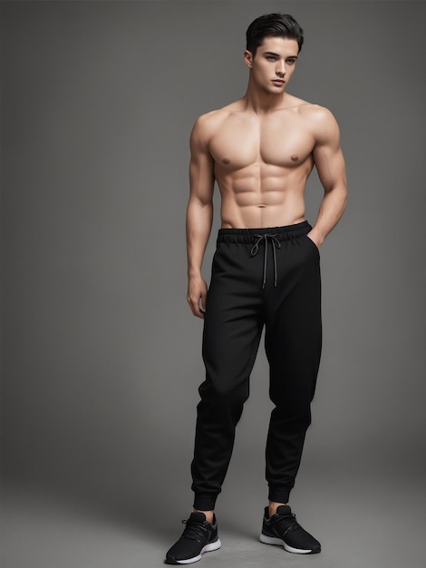Modelo masculino usa calça preta posando em um fundo de estúdio