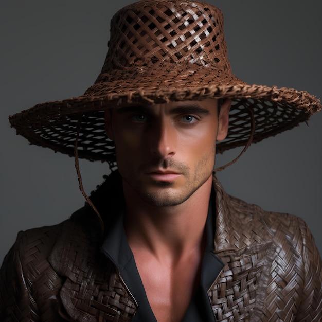 Modelo masculino usando um chapéu de rattan extraordinário único