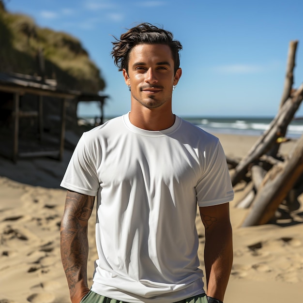 Modelo masculino vestindo camisa branca na praia