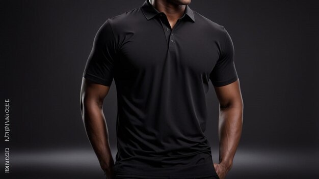 modelo masculino vistiendo una camiseta polo negra centrarse en la textura de la tela y la iluminación realista suaves de fundición