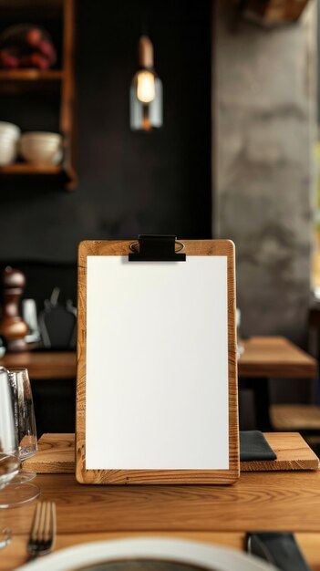 Un modelo de menú en blanco en una mesa de un restaurante