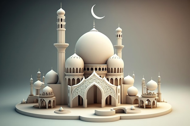 Un modelo de una mezquita con una luna creciente en el fondo.
