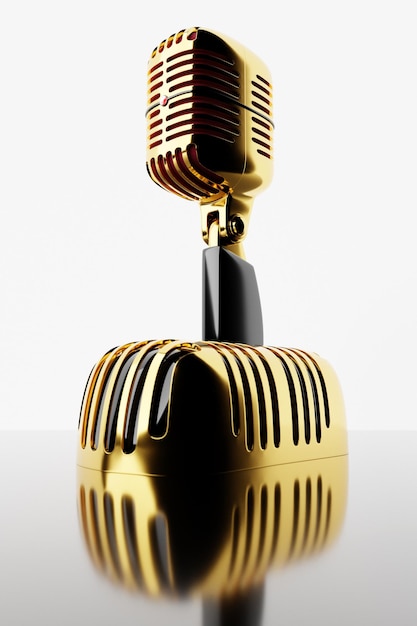 Foto modelo de micrófono dorado sobre fondo blanco ilustración 3d realista premio de música radio de karaoke y equipo de sonido de estudio de grabación