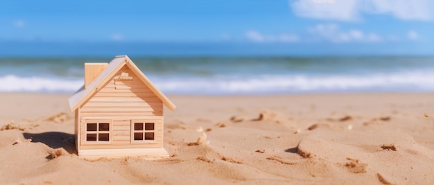 Modelo en miniatura de una casa de madera en la costa el concepto de bienes raíces junto al mar IA generativa