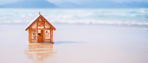 Modelo en miniatura de una casa de madera en la costa el concepto de bienes raíces junto al mar IA generativa