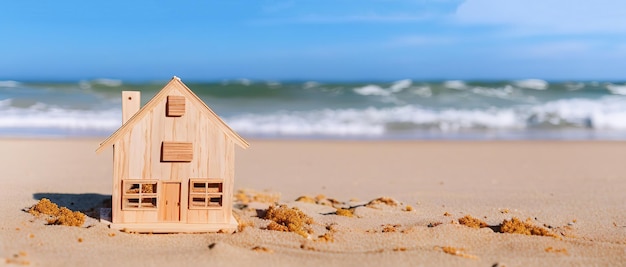 Modelo en miniatura de una casa de madera en la costa el concepto de bienes raíces junto al mar IA generativa