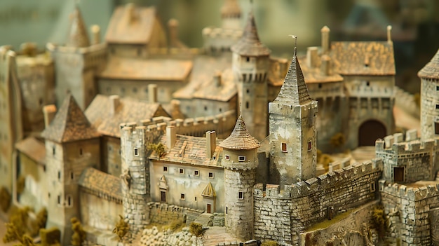 Un modelo en miniatura de un castillo medieval con intrincadas murallas de piedra y torres completas con pequeñas banderas y un foso